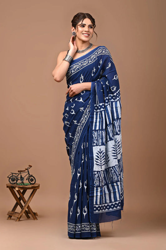 Premium Indigo Mul Cotton Printed Saree