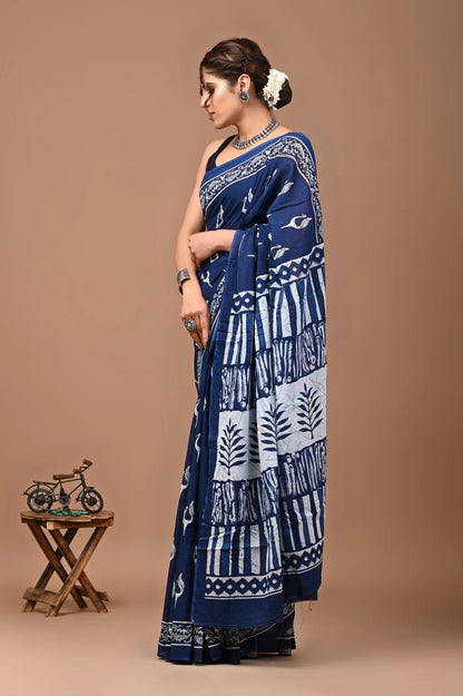 Premium Indigo Mul Cotton Printed Saree