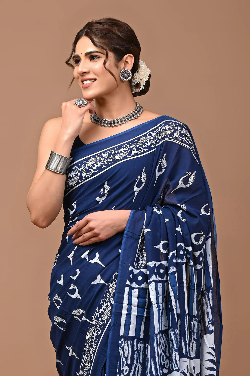 Premium Indigo Mul Cotton Printed Saree