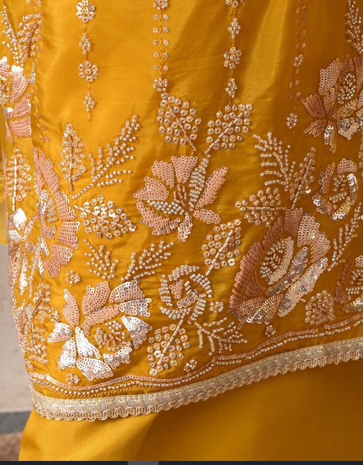 Floral Sequin Embroidered Kurta Pant Set with Organza Dupatta