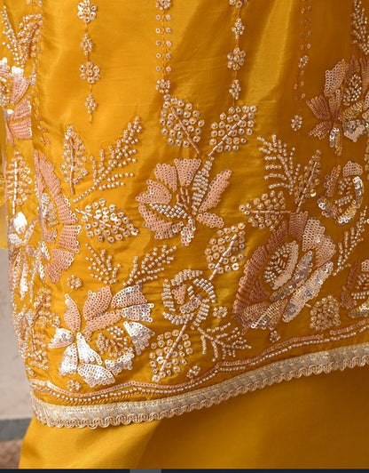 Floral Sequin Embroidered Kurta Pant Set with Organza Dupatta