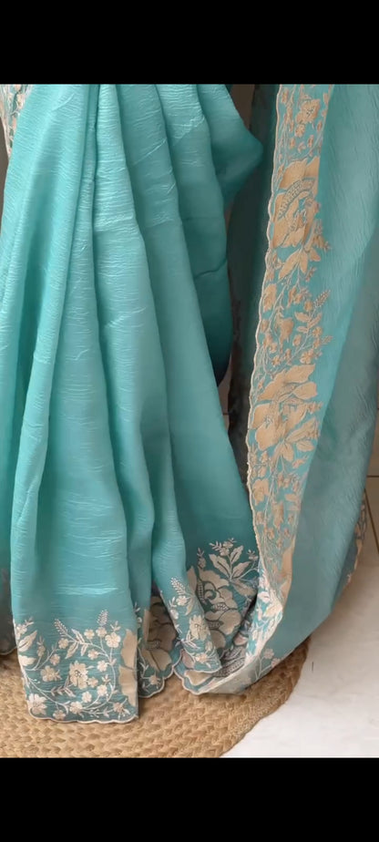 Elegant Aqua Blue Crush Organza Embroidered Saree