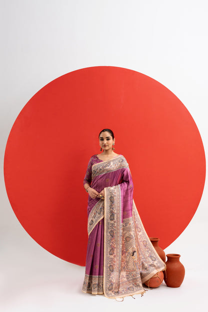 WINE - Tussar Silk Saree Madhubani Pallu