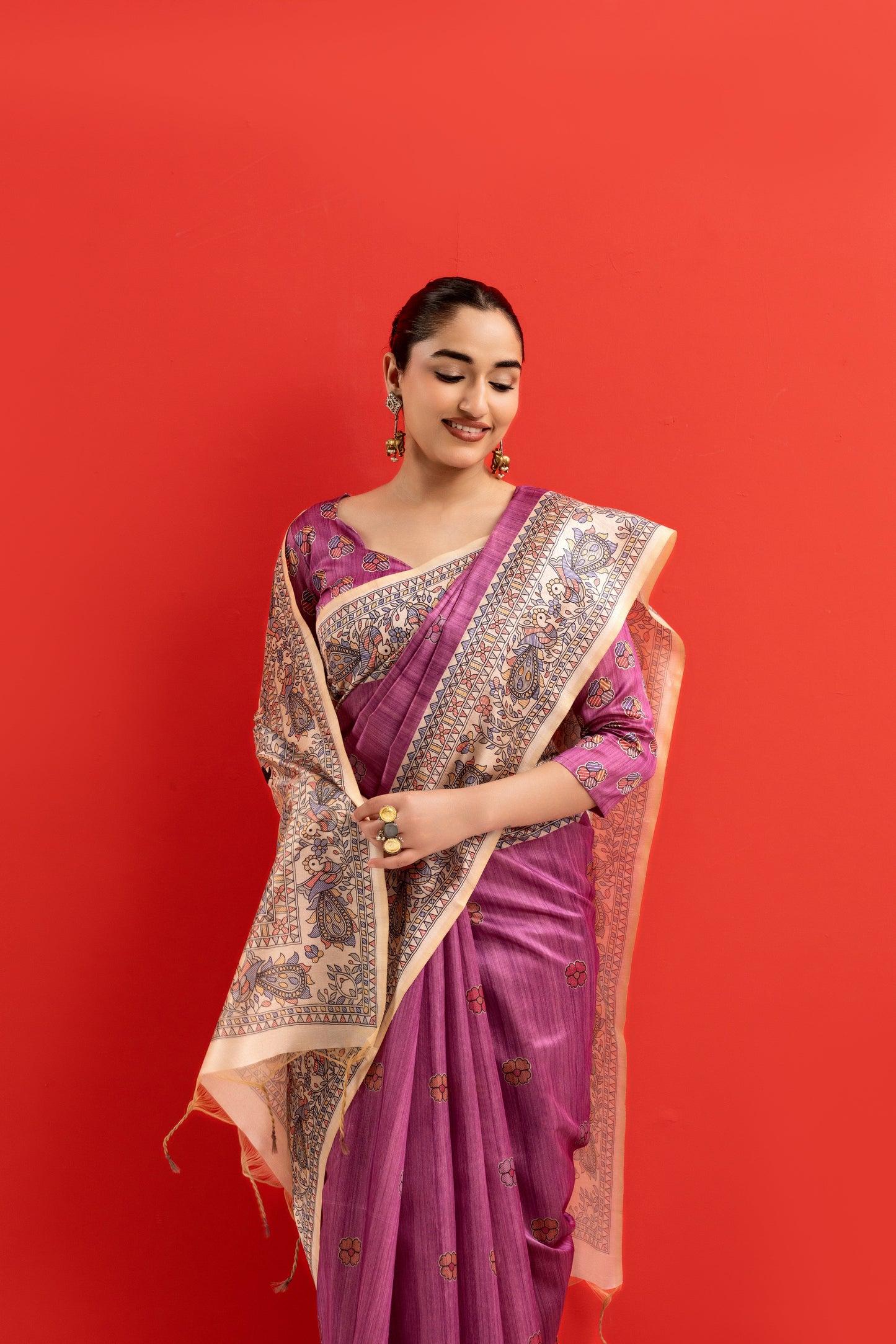 WINE - Tussar Silk Saree Madhubani Pallu
