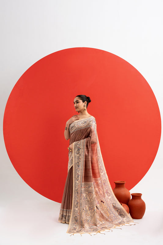COFFEE - Tussar Silk Saree Madhubani Pallu