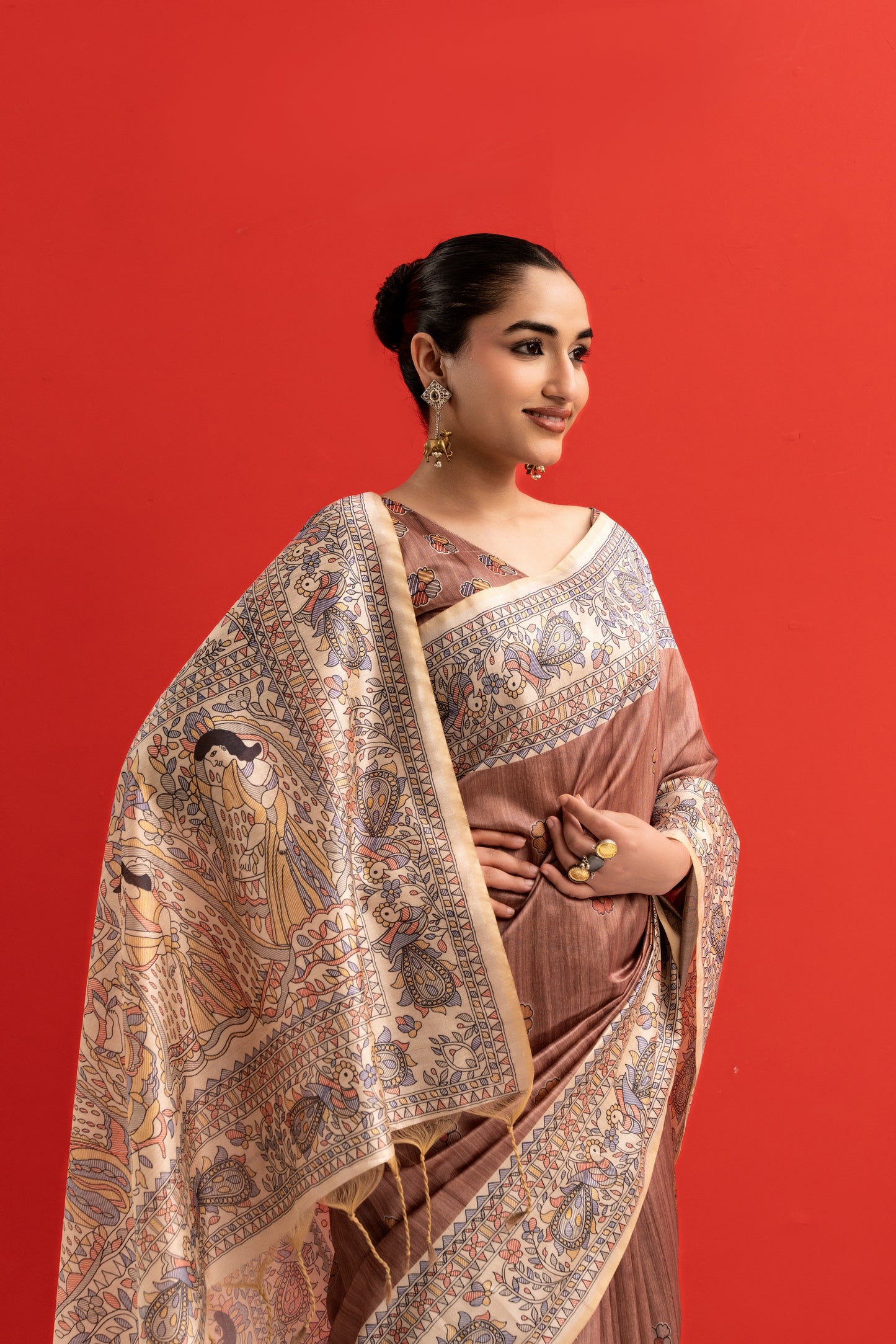 COFFEE - Tussar Silk Saree Madhubani Pallu