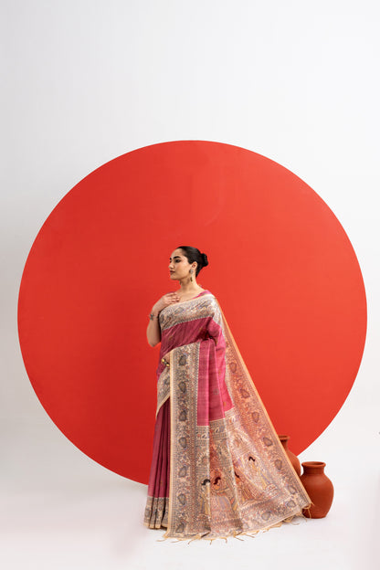 PINK - Tussar Silk Saree Madhubani Pallu