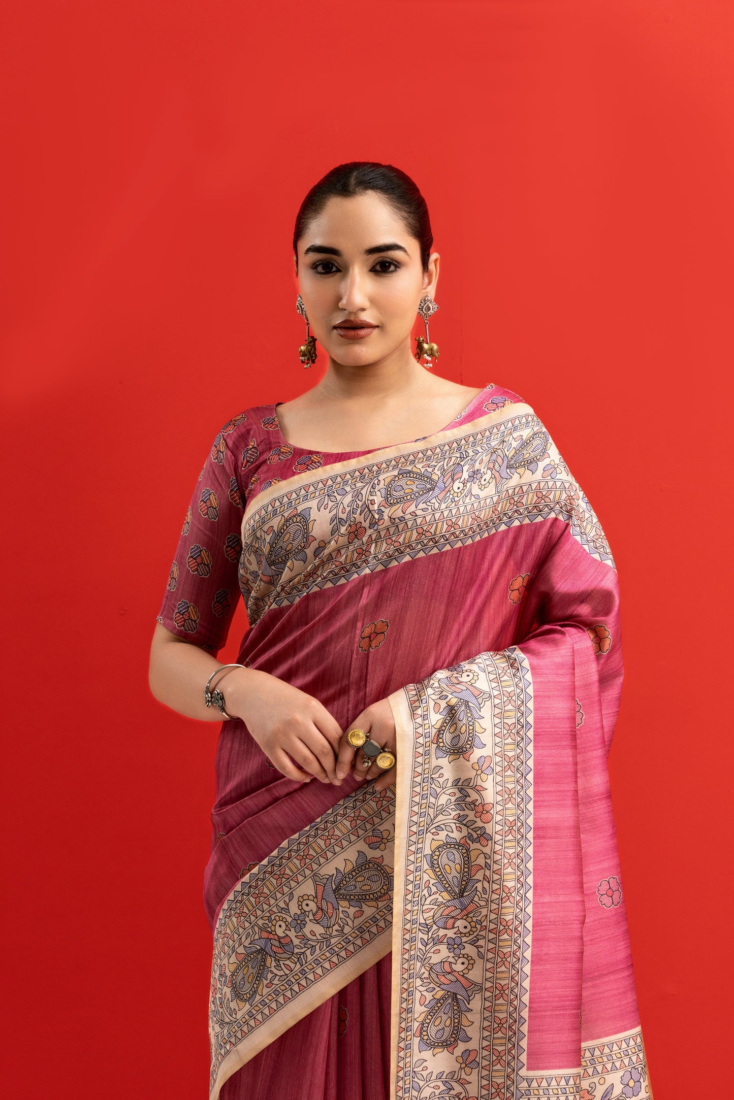 PINK - Tussar Silk Saree Madhubani Pallu