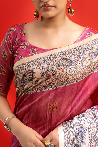 PINK - Tussar Silk Saree Madhubani Pallu
