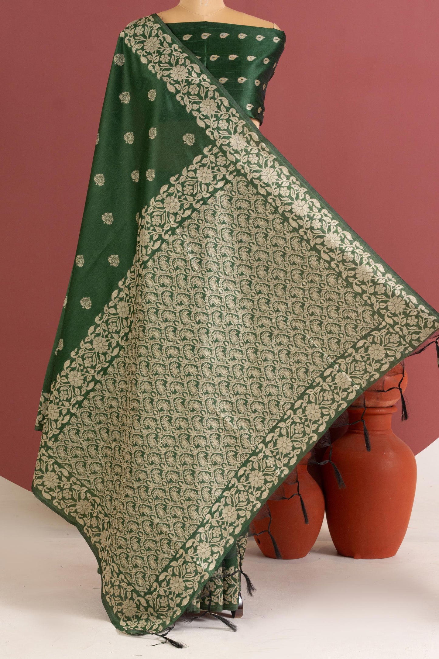 Handloom raw silk saree 101 - BT GREEN