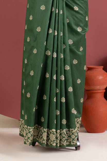 Handloom raw silk saree 101 - BT GREEN