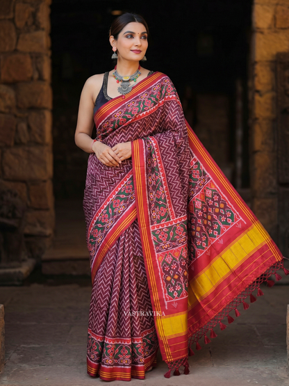 Soft Pure Patola Silk Double Ikat Printed Saree with Zari Stripe Border