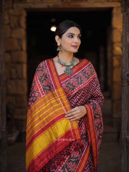 Soft Pure Patola Silk Double Ikat Printed Saree with Zari Stripe Border