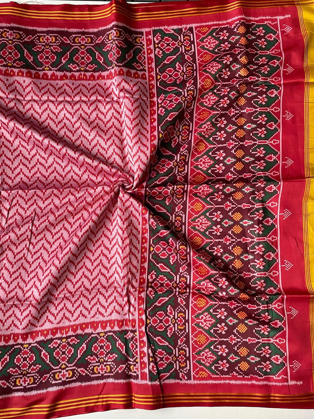 Soft Pure Patola Silk Double Ikat Printed Saree with Zari Stripe Border-WHITE