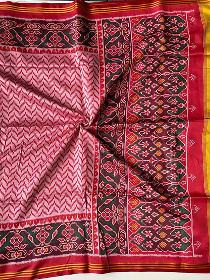 Soft Pure Patola Silk Double Ikat Printed Saree with Zari Stripe Border-WHITE