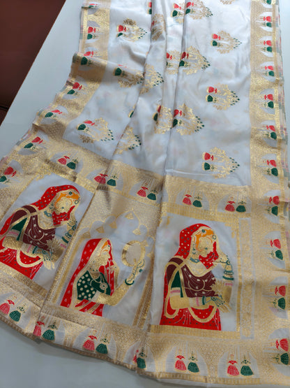SOFT BANARASI PASHMINA  SAREE WITH ZARI BORDER -  WHITE
