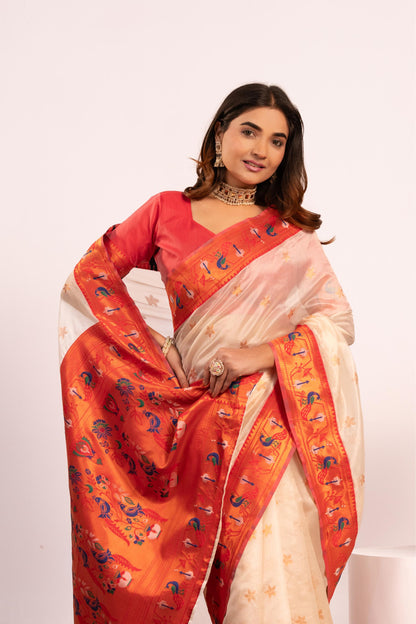 Pure Banarasi Paithani Silk Saree - WHITE