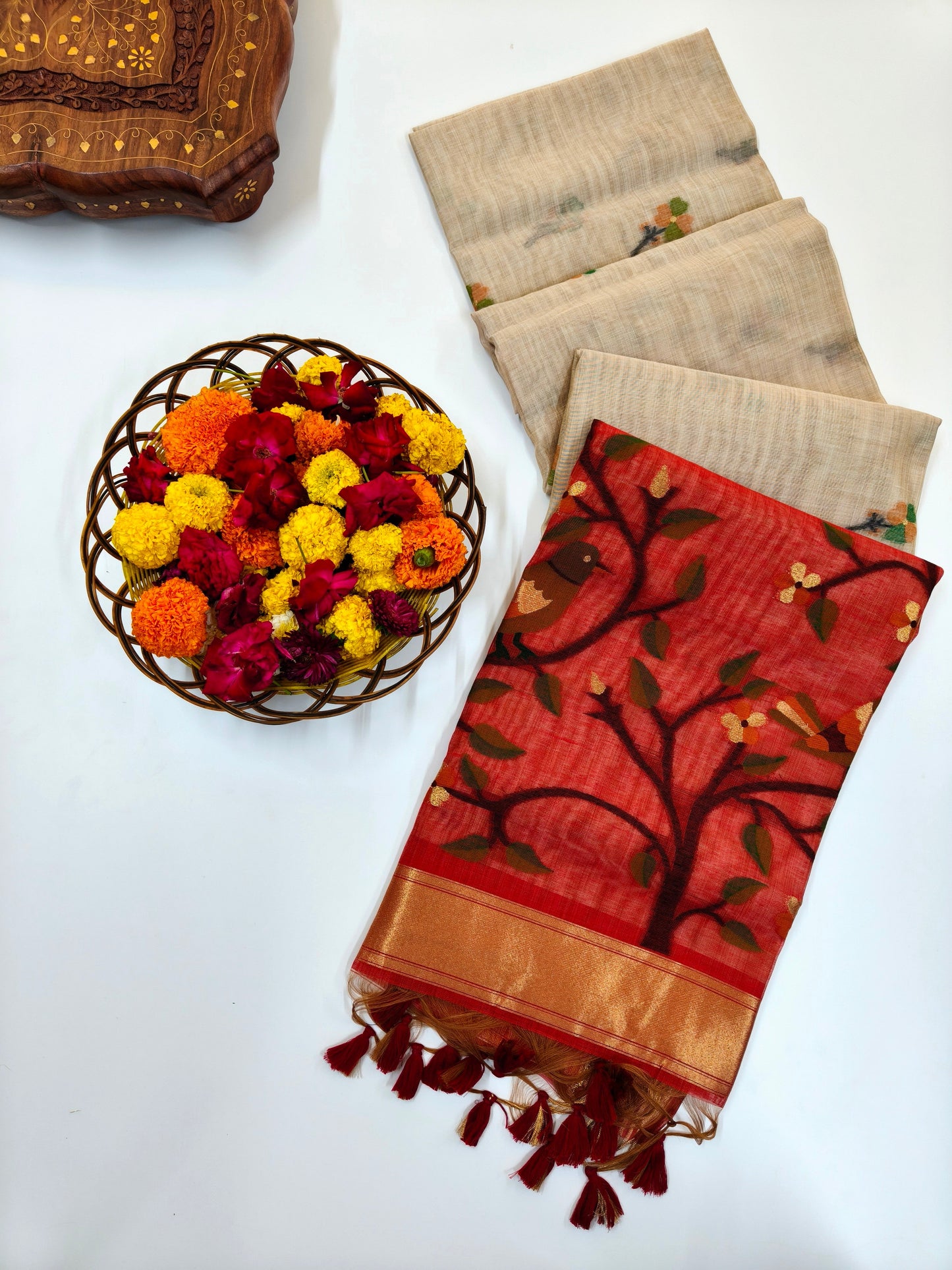 Muga Cotton Saree with Bird Motif With Contrast Blouse -WHITE
