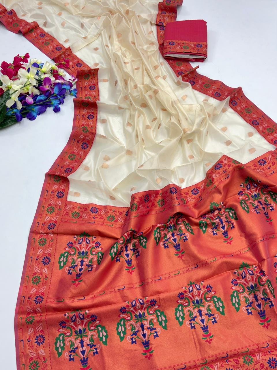Royal Banarasi Saree with Contrast Blouse & Floral Motifs- WHITE
