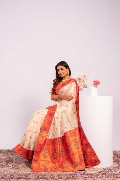 Classic Banarasi Paithani with Traditional Zari - WHITE