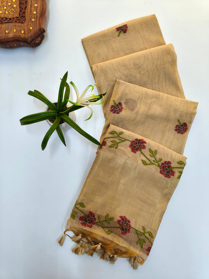 White Muga Cotton Saree | Floral Motif | Golden Zari Border | Ethnic Wear