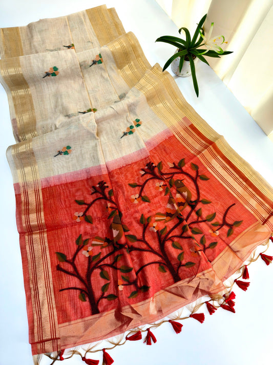 Muga Cotton Saree with Bird Motif With Contrast Blouse -WHITE