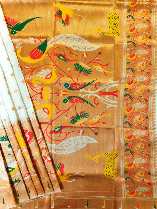 Premium Teal  Silk Saree with Peacock & Bird Woven Pallu- WHITE