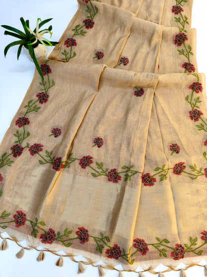 White Muga Cotton Saree | Floral Motif | Golden Zari Border | Ethnic Wear