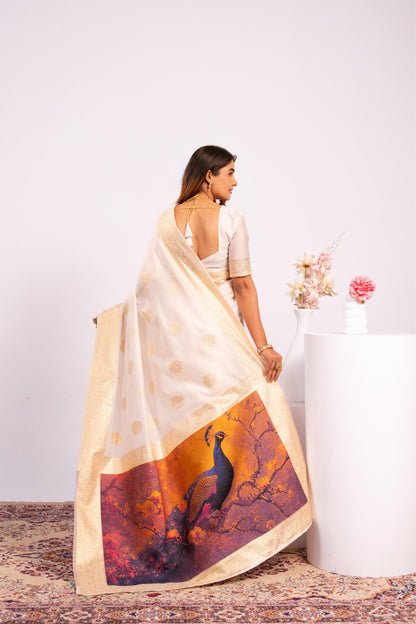 Handloom Banarasi Paithani Silk Saree with Artistic Peacock Pallu - WHITE