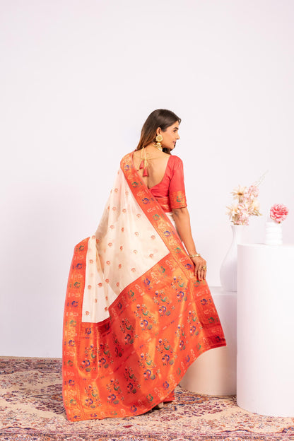 Classic Banarasi Paithani with Traditional Zari - WHITE