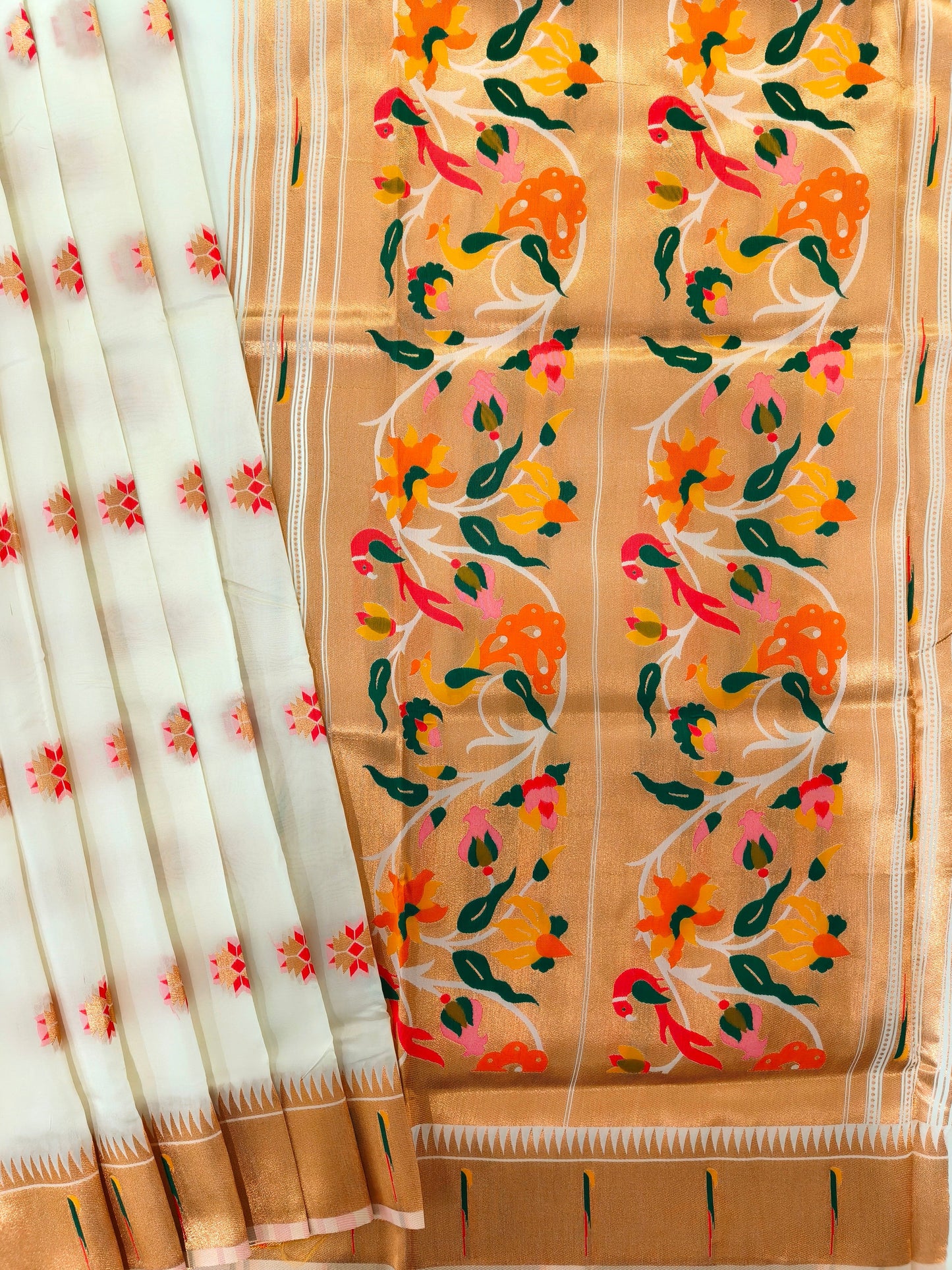Banarasi Paithani With Bird & Floral Pallu - WHITE