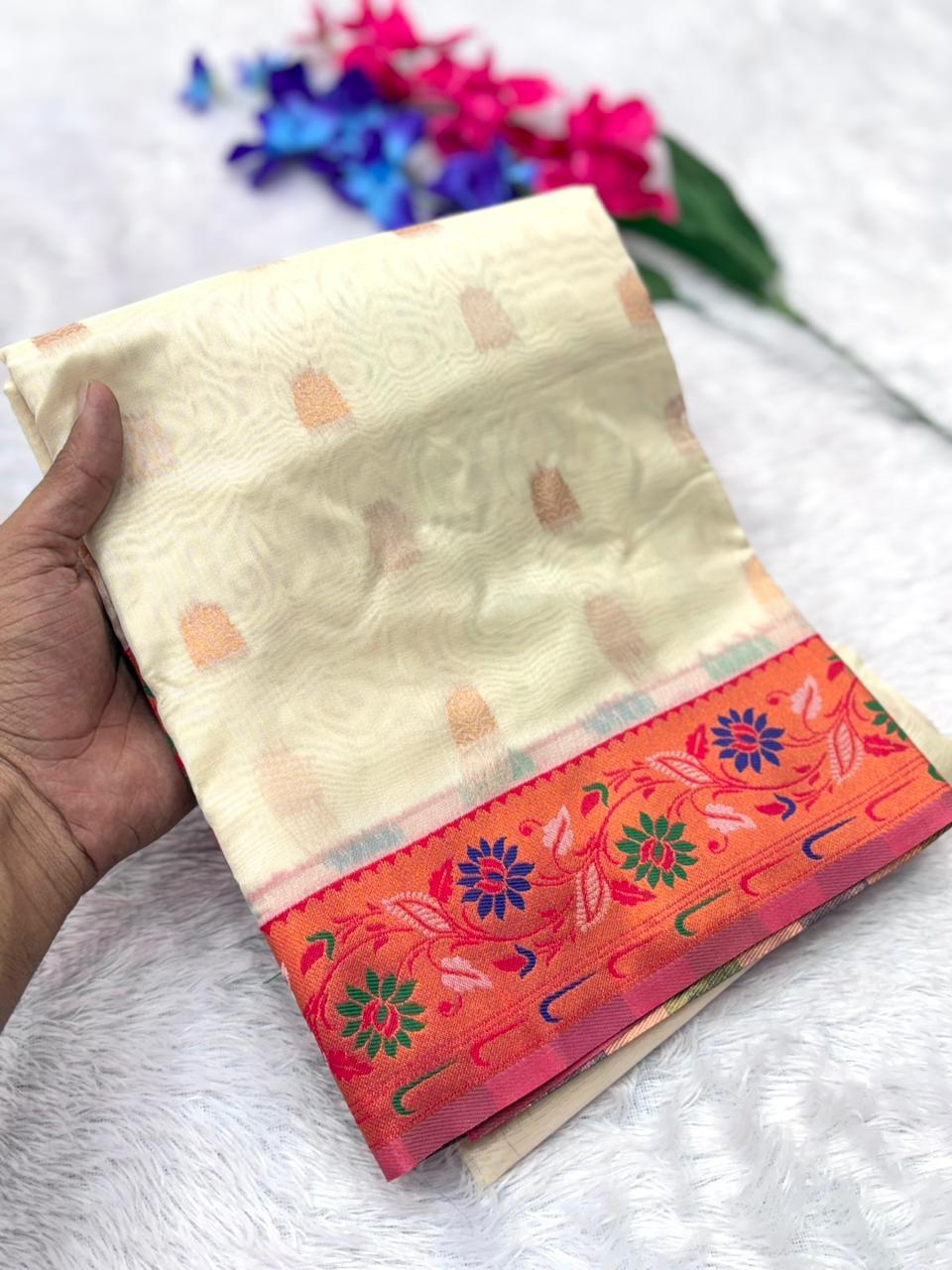 Royal Banarasi Saree with Contrast Blouse & Floral Motifs- WHITE
