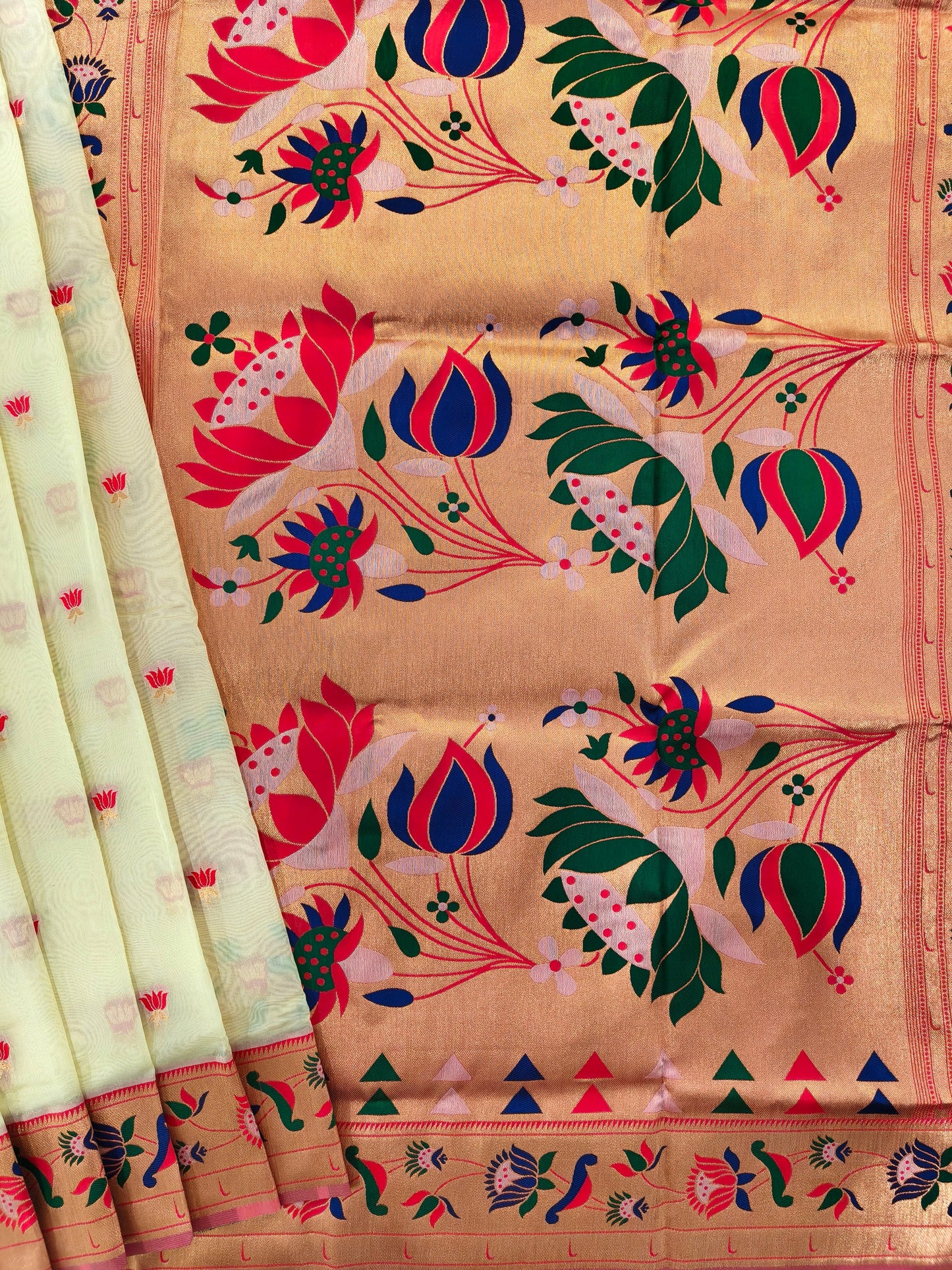 Paithani Silk Saree with Floral Motifs and Zari Pallu - WHITE