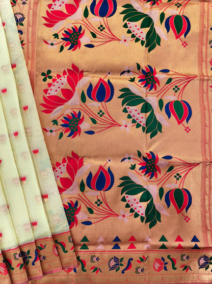 Paithani Silk Saree with Floral Motifs and Zari Pallu - WHITE