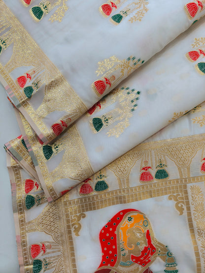 SOFT BANARASI PASHMINA  SAREE WITH ZARI BORDER -  WHITE