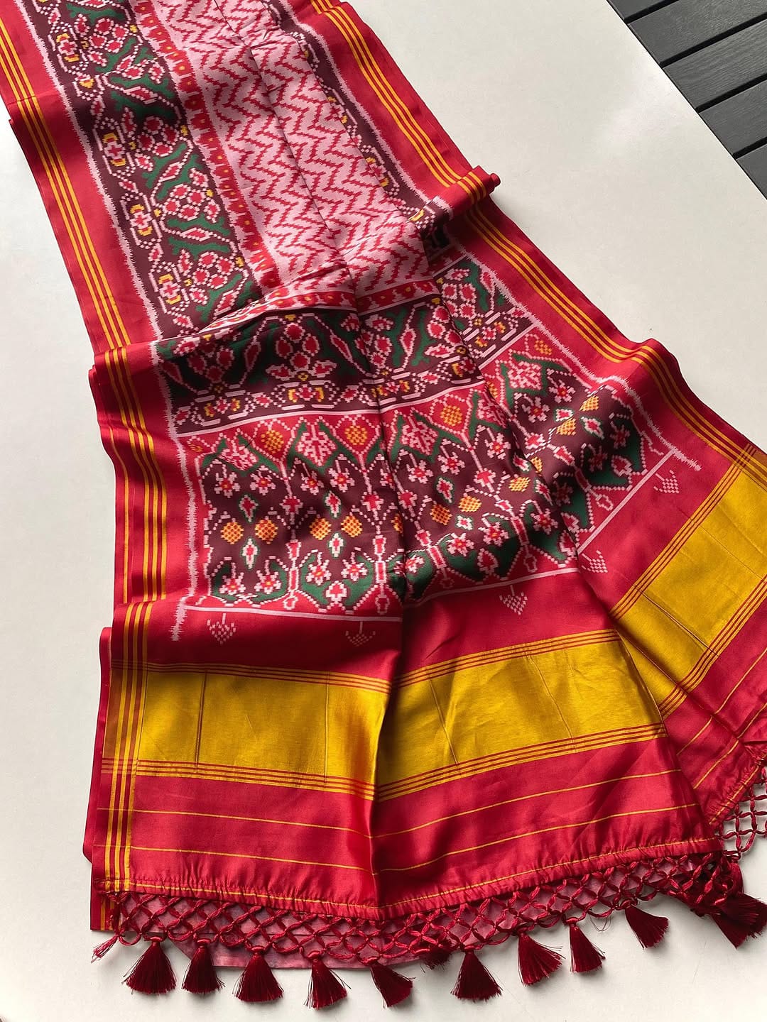 Soft Pure Patola Silk Double Ikat Printed Saree with Zari Stripe Border-WHITE