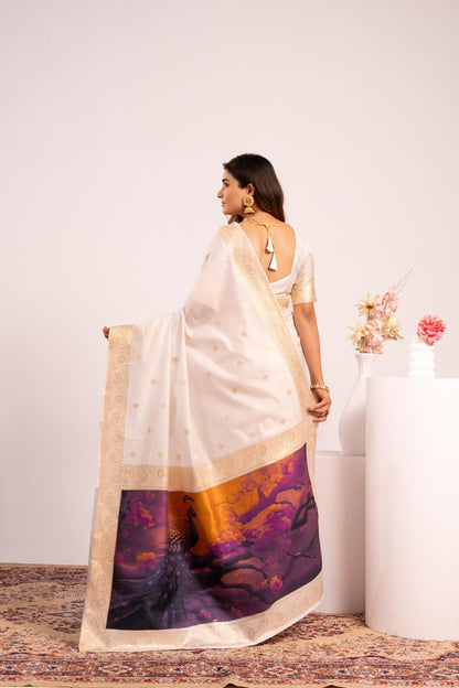 Traditional Paithani Saree with Zari Butti & Storytelling Pallu - WHITE