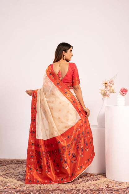 Pure Banarasi Paithani Silk Saree - WHITE