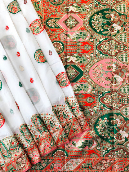 PURE SOFT RAJWADI PASHMINA SILK SAREE - WHITE