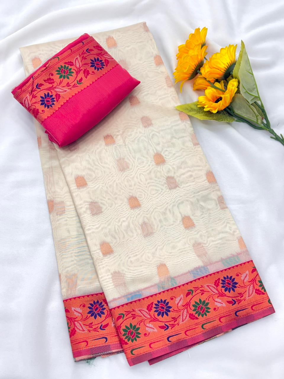 Royal Banarasi Saree with Contrast Blouse & Floral Motifs- WHITE
