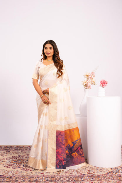 Handloom Banarasi Paithani Silk Saree with Artistic Peacock Pallu - WHITE