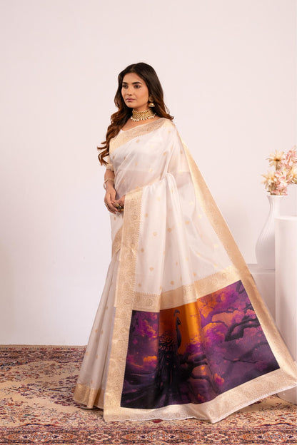 Traditional Paithani Saree with Zari Butti & Storytelling Pallu - WHITE