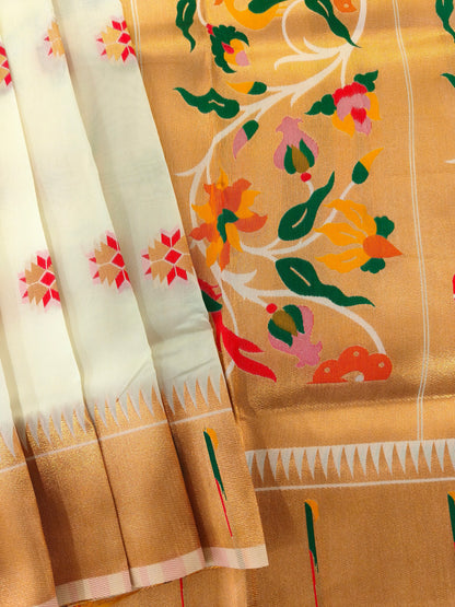 Banarasi Paithani With Bird & Floral Pallu - WHITE
