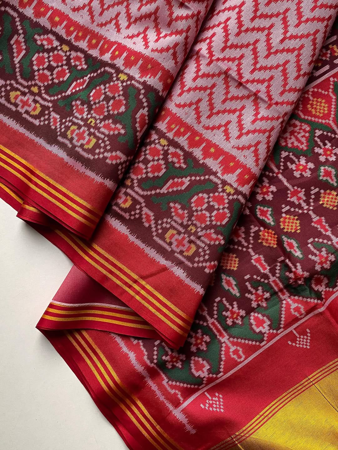 Soft Pure Patola Silk Double Ikat Printed Saree with Zari Stripe Border-WHITE