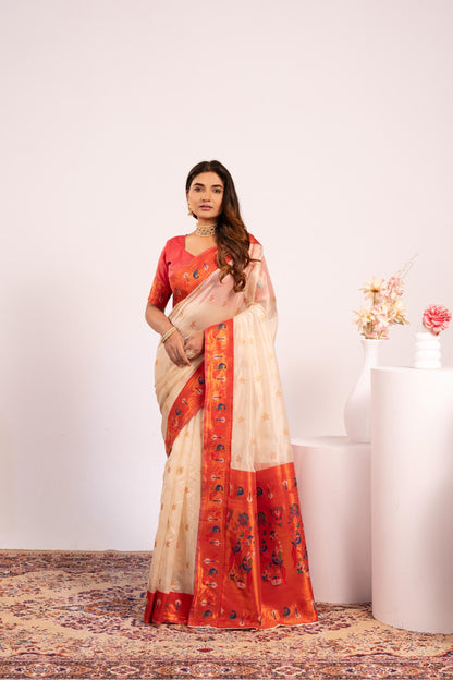 Pure Banarasi Paithani Silk Saree - WHITE