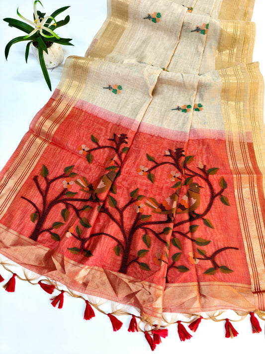 Muga Cotton Saree with Bird Motif With Contrast Blouse -WHITE