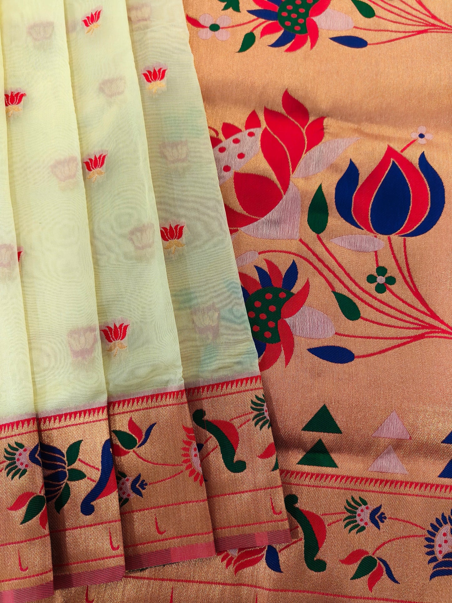 Paithani Silk Saree with Floral Motifs and Zari Pallu - WHITE