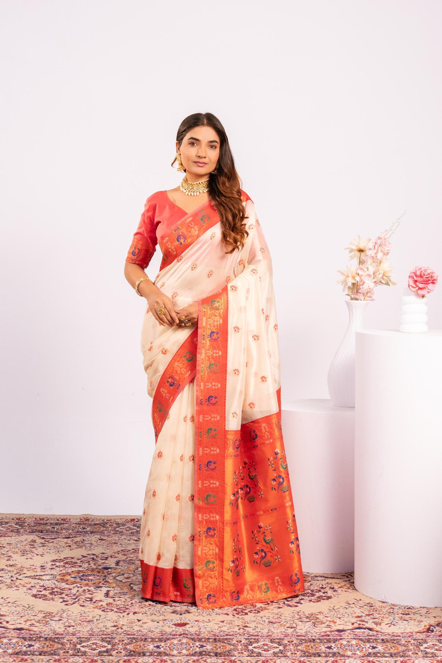 Classic Banarasi Paithani with Traditional Zari - WHITE