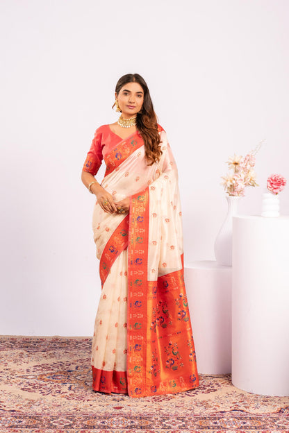 Classic Banarasi Paithani with Traditional Zari - WHITE