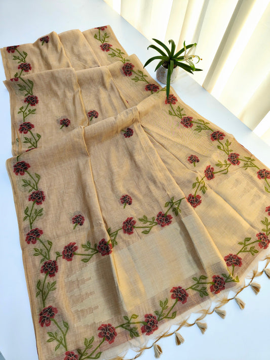 White Muga Cotton Saree | Floral Motif | Golden Zari Border | Ethnic Wear
